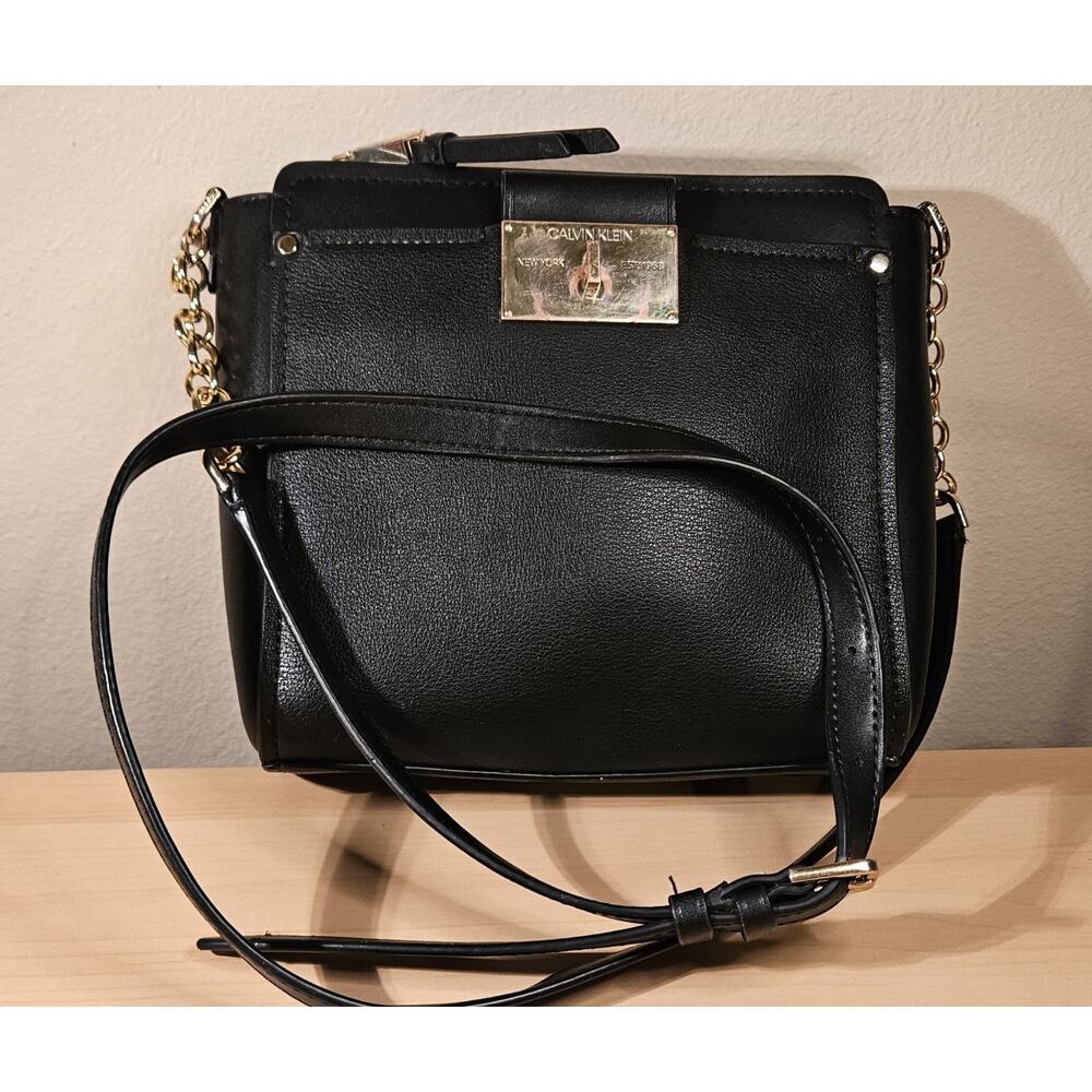 Faux Leather Calvin Klein Black Crossbody Purse With Partial Chain Strap